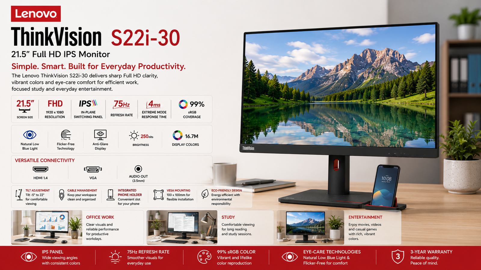 Lenovo ThinkVision S22i-30, 21.5-Inch Full HD IPS Monitor, 1920x1080 Resolution, 75Hz Refresh Rate, 4ms Extreme Response Time, 99% sRGB, HDMI 1.4, VGA, Audio Out, Natural Low Blue Light, Raven Black and Storm Grey, 3-Year Warranty | 63FCKATBUK